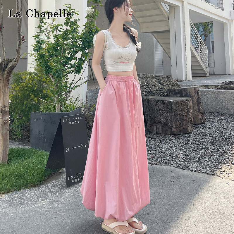 拉夏贝尔花苞蓬蓬半身裙2024夏季新款高腰A字冰丝灯笼云朵长裙子