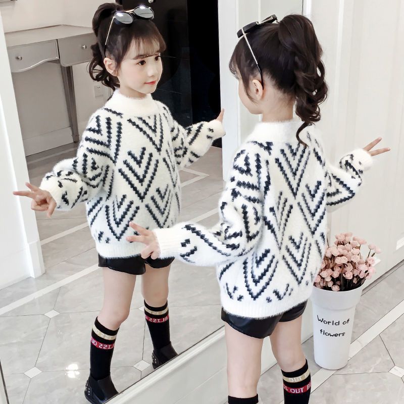 巴拉拉吧女童水貂绒毛衣套头加绒加厚2023新款秋冬中大儿童女孩针