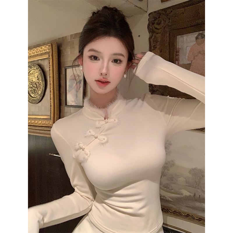新中式国风复古盘扣毛绒打底衫女秋冬季修身显瘦气质内搭长袖上衣