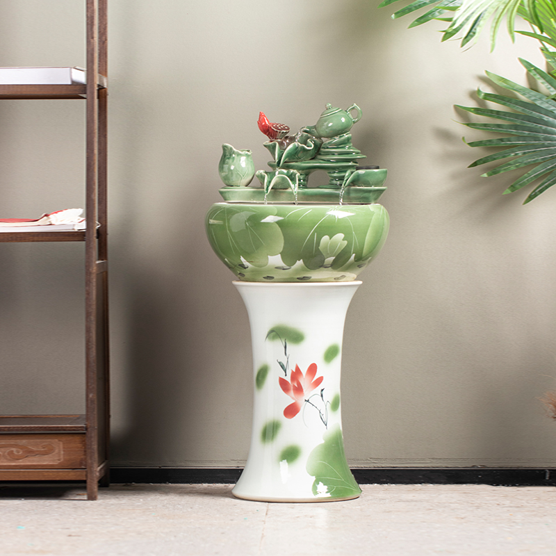 景德镇陶瓷落地立柱式鱼缸大号家用招财养鱼盆乌龟缸造景流水摆件