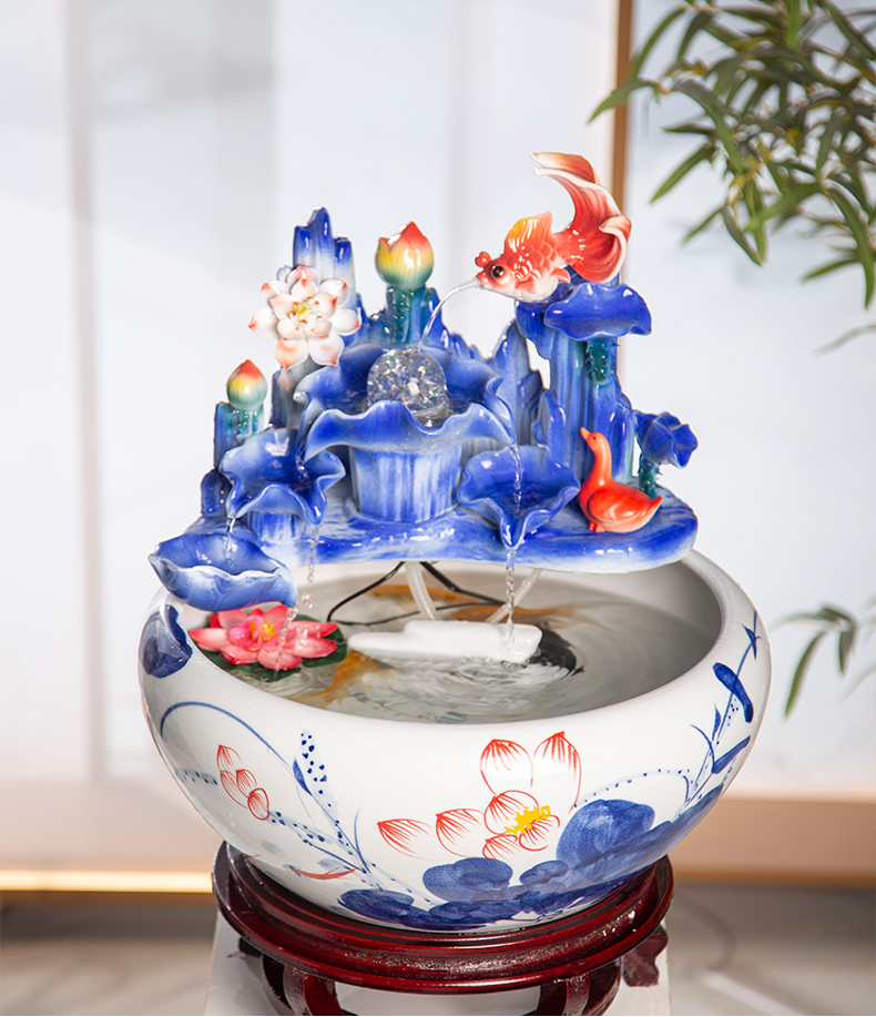 青花金鱼满堂景德镇陶瓷流水喷泉摆件加湿养鱼净化空气自动循环