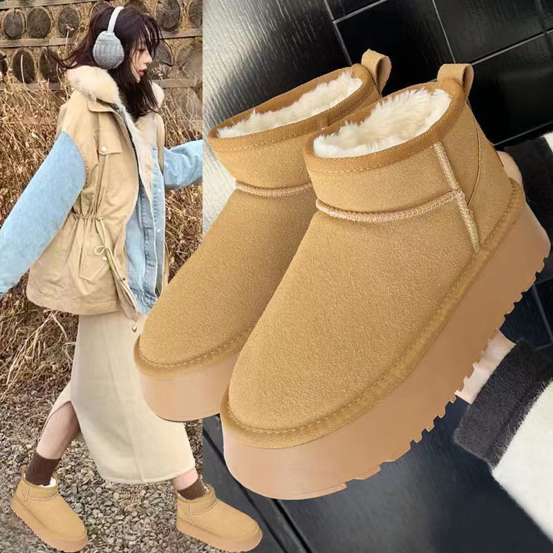 一脚蹬加绒加厚棉鞋子2023冬季百搭短筒靴子雪地靴女保暖面包鞋女