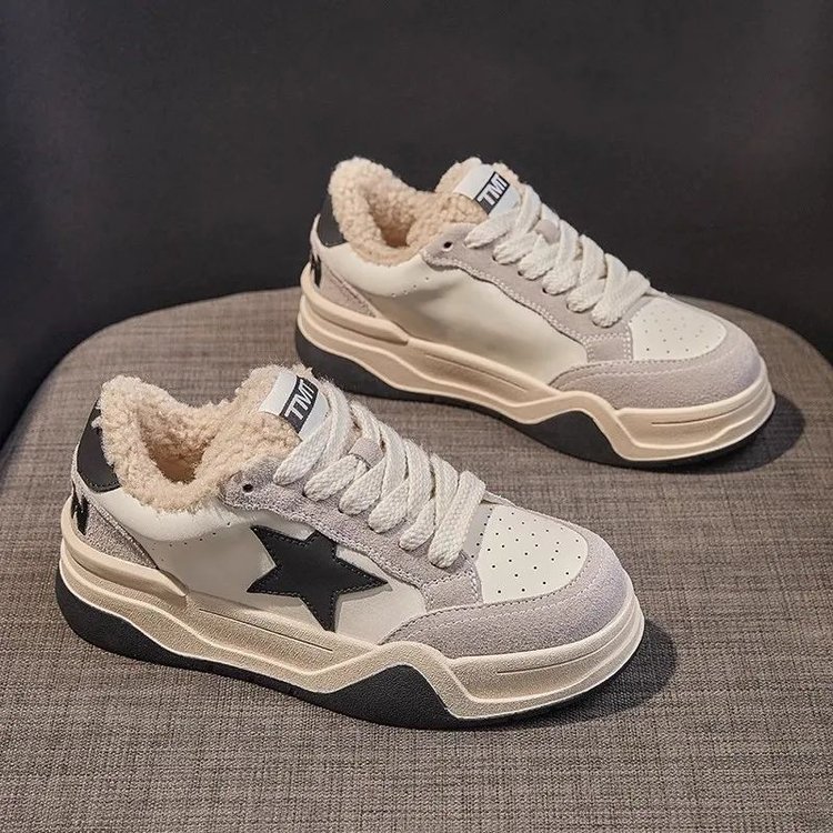 保暖小白鞋女ins潮加绒厚底星星鞋2023冬季新款韩版圆头系带板鞋