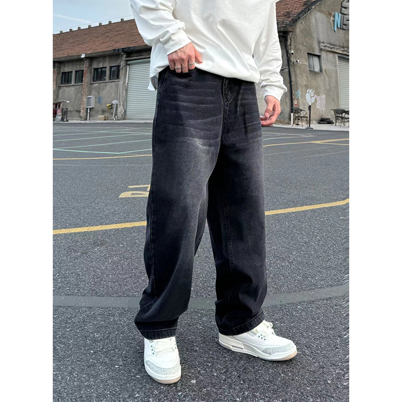 裤子冬季加绒加厚磨砂猫爪纹男士长款秋冬宽松牛仔裤简约阔腿裤