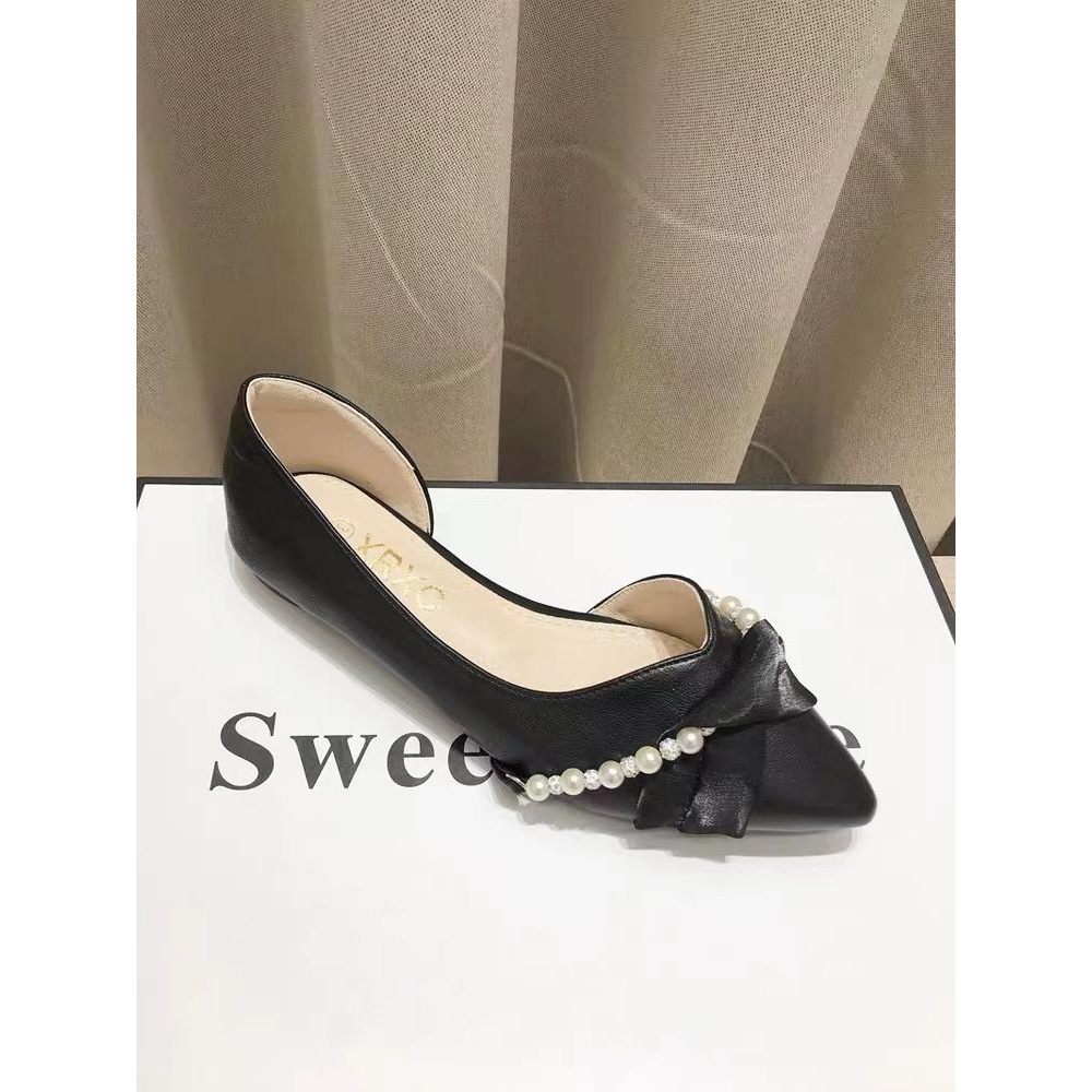 2023春夏季新款珍珠蝴蝶结尖头软底法式单鞋女韩版百搭浅