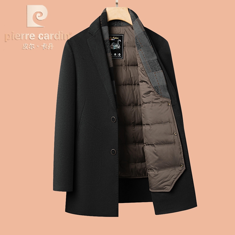 皮尔卡丹男士休闲中长款外套秋冬男装可拆卸鹅绒内胆羊毛呢子大衣