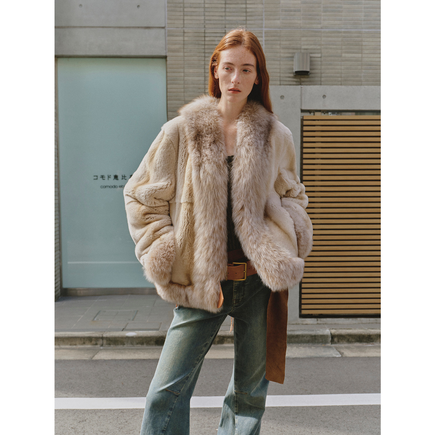 付智恩 巴黎画报 复古双色狐狸毛领绵密柔软獭兔毛皮草冬