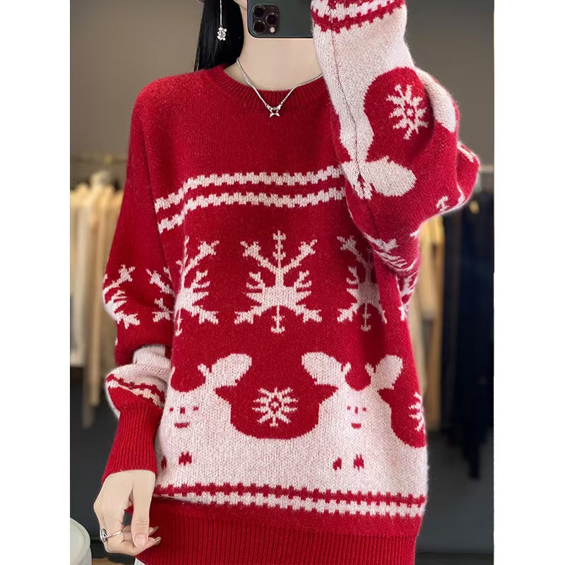 春节新款女装红色毛衣纯羊毛半高领加厚打底衫女款针织上衣毛衫