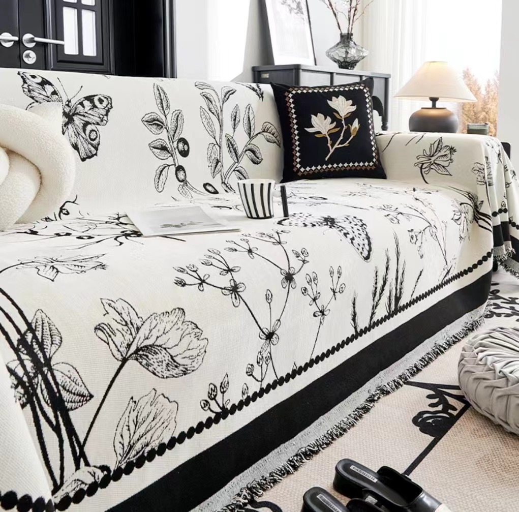 【树枝蝴蝶】时尚简约流苏款双面四季通用沙发巾沙发盖巾