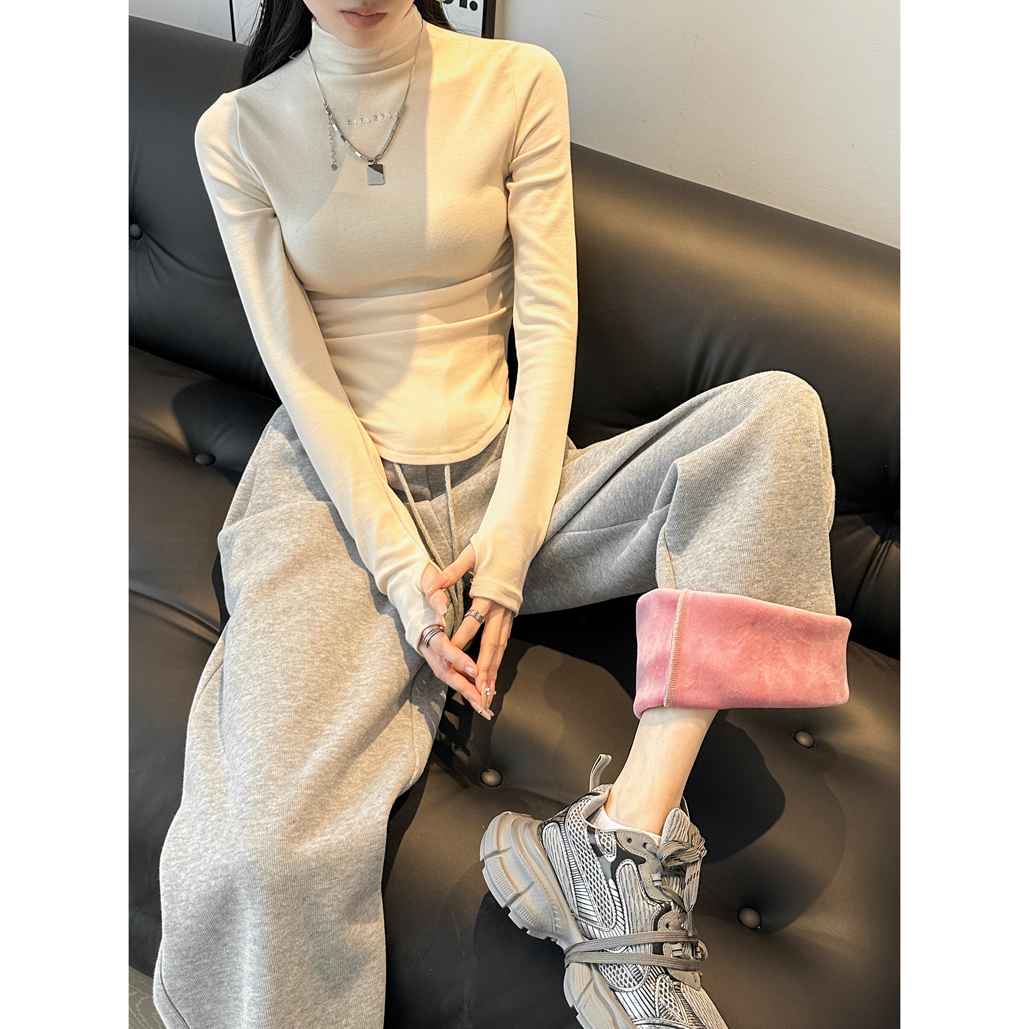 动感少女加绒运动裤女2024年秋冬季宽松束脚外穿休闲卫裤阔腿裤子