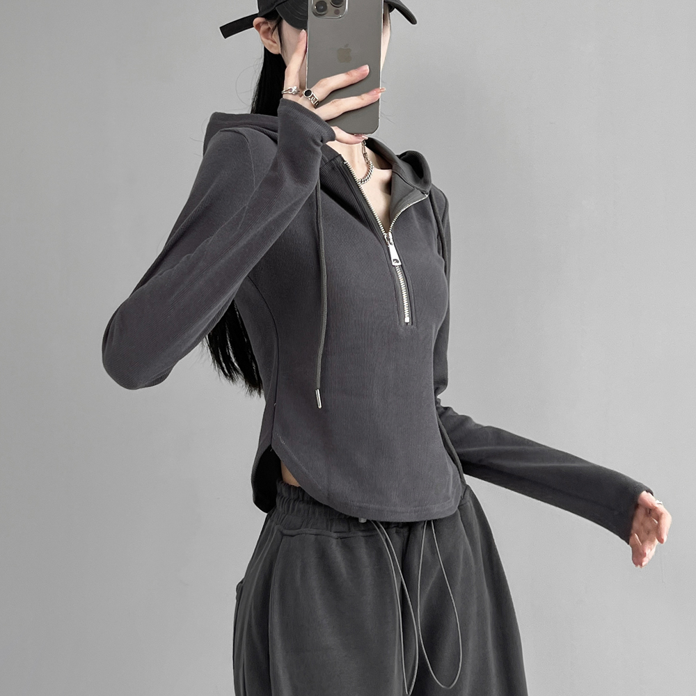 动感少女弧形下摆半拉链连帽卫衣秋季纯色韩版运动显瘦长袖上衣