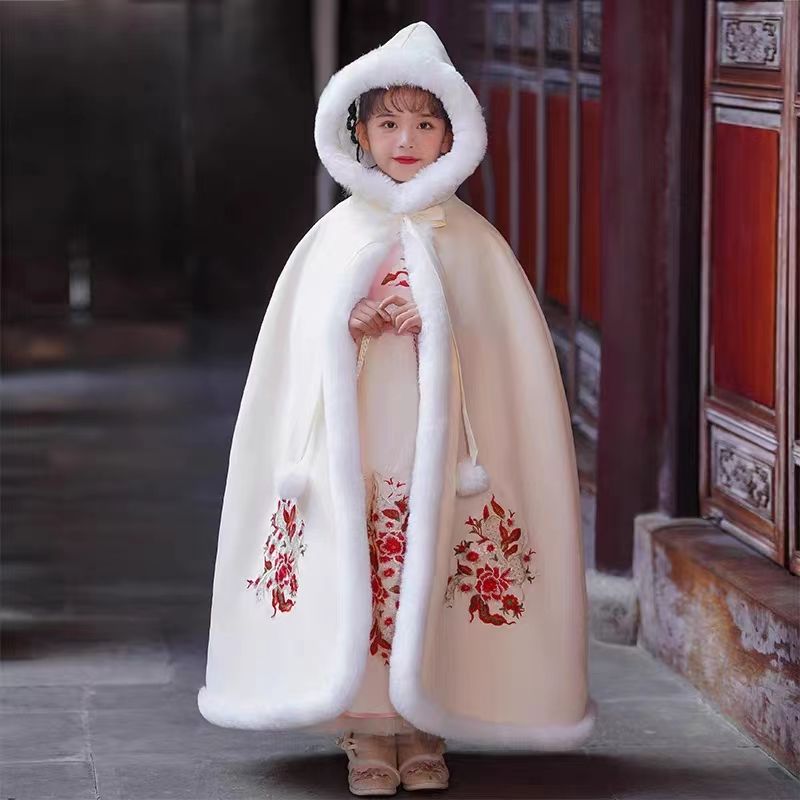 巴拉推荐汉服女童拜年服冬季儿童中国风加绒裙子加厚斗篷古装女孩
