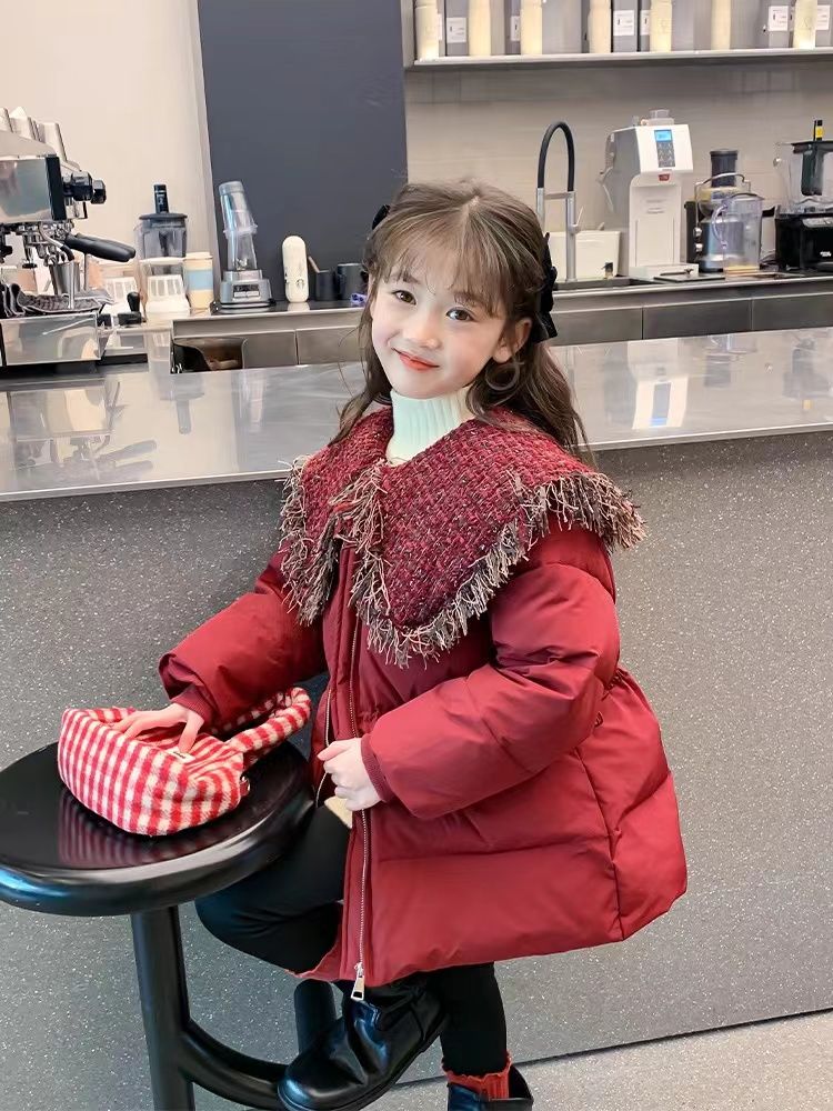 女童年服棉衣红色2023新款小香风洋气冬季娃娃领外套时尚可爱潮款