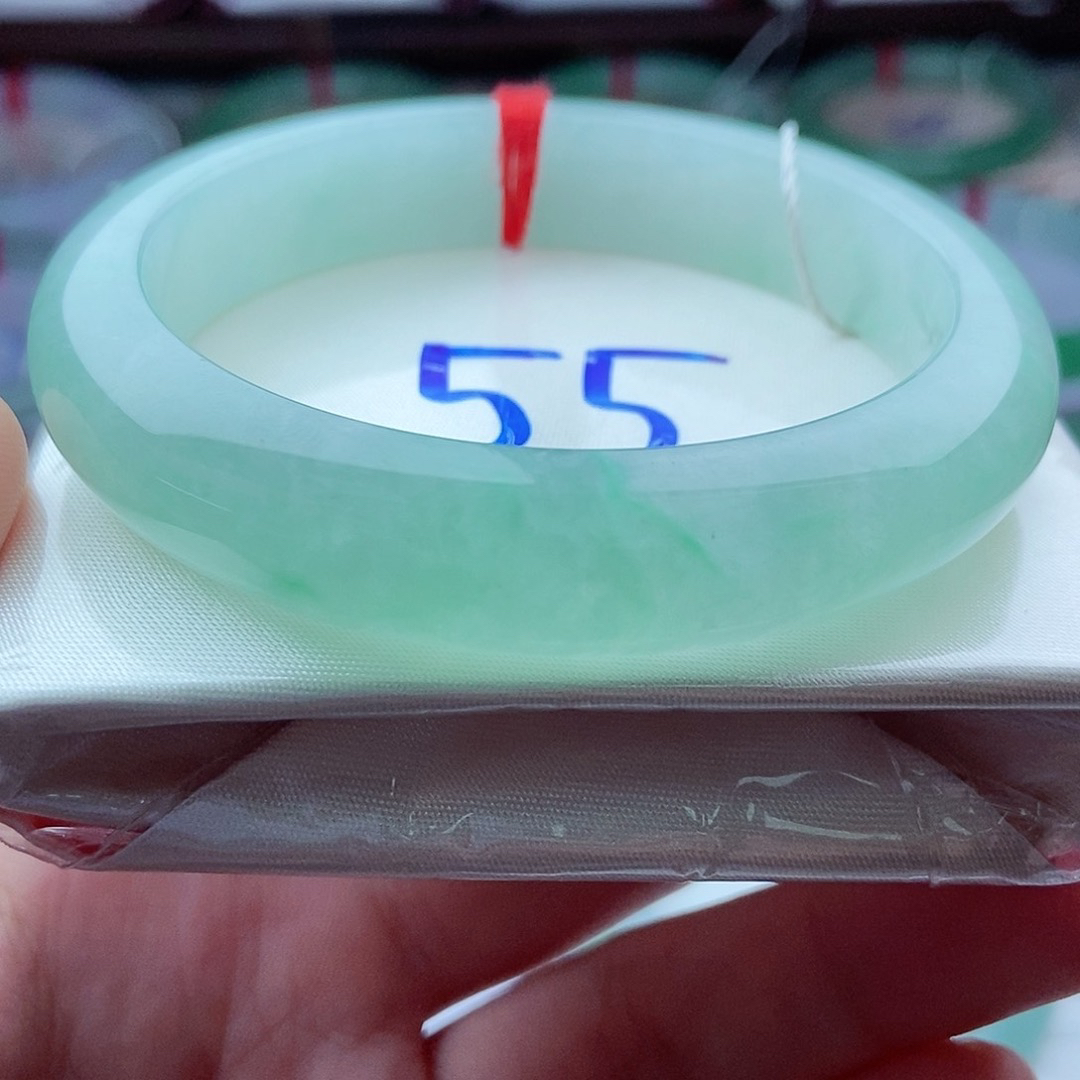 0200编55金丝阳绿冰绿底平安镯天然缅甸翡翠A货传承55.5，12.3，8.5