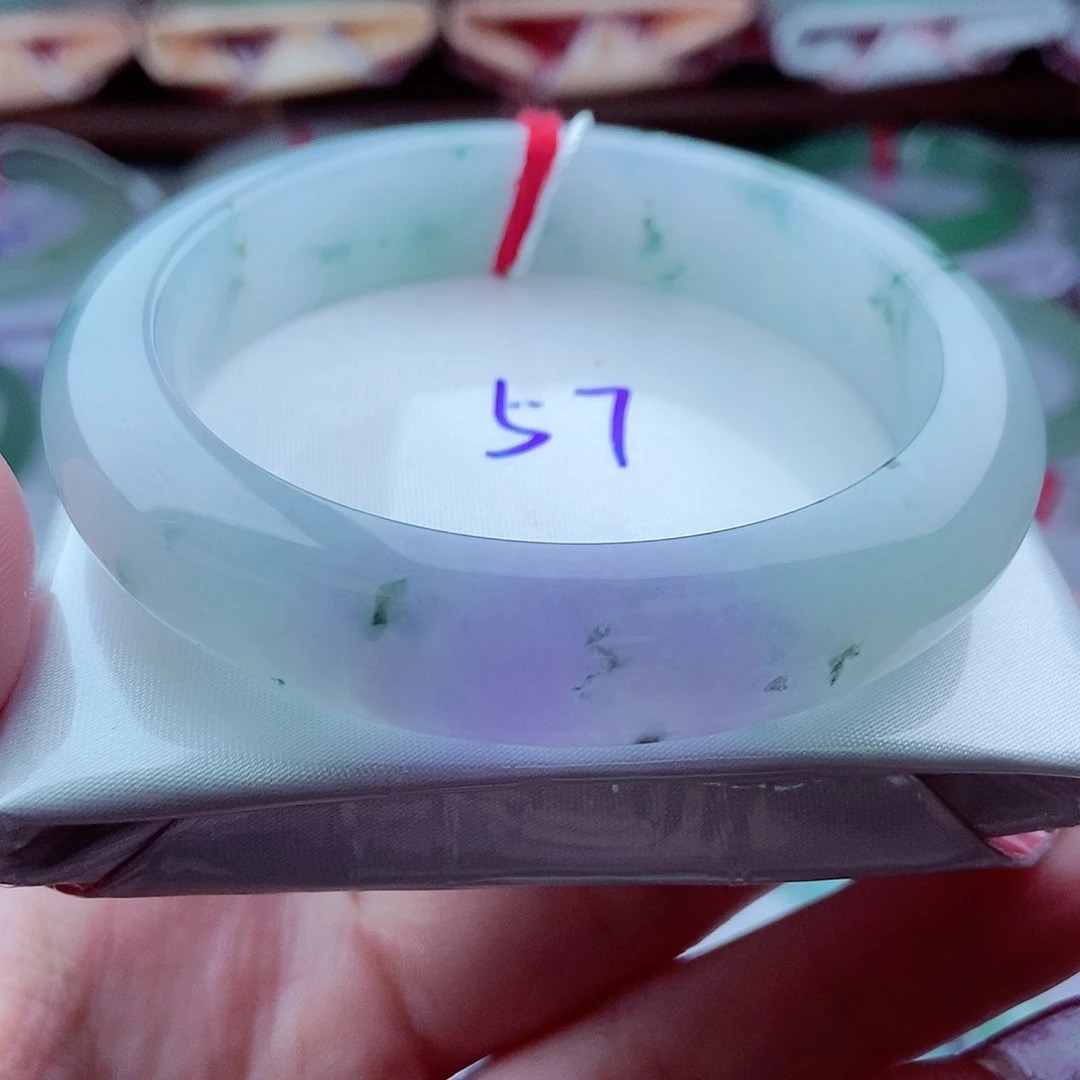 0191编57冰紫冰飘花福禄寿平安镯天然缅甸翡翠A货传承57.1，13，9.3