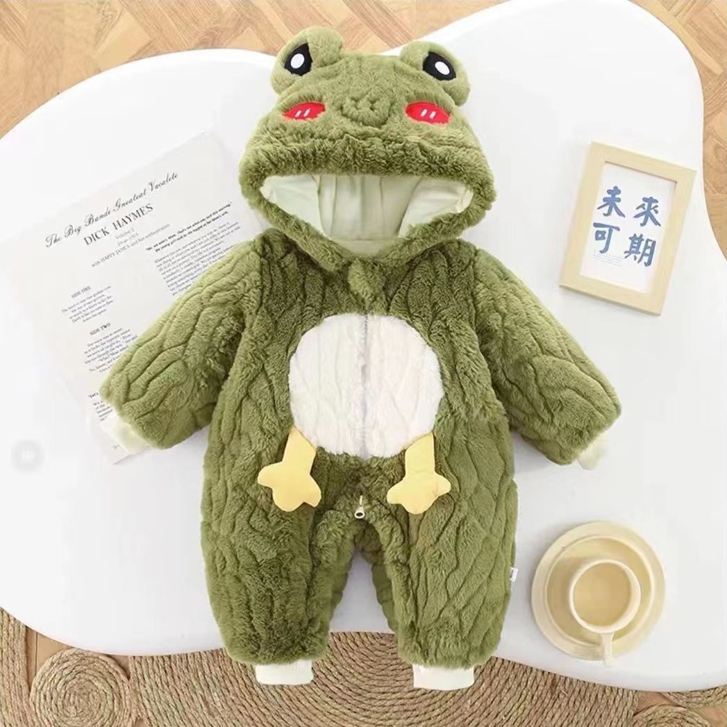 宝宝连体衣加厚保暖连帽青蛙爬爬服加绒毛毛衣冬季新款可