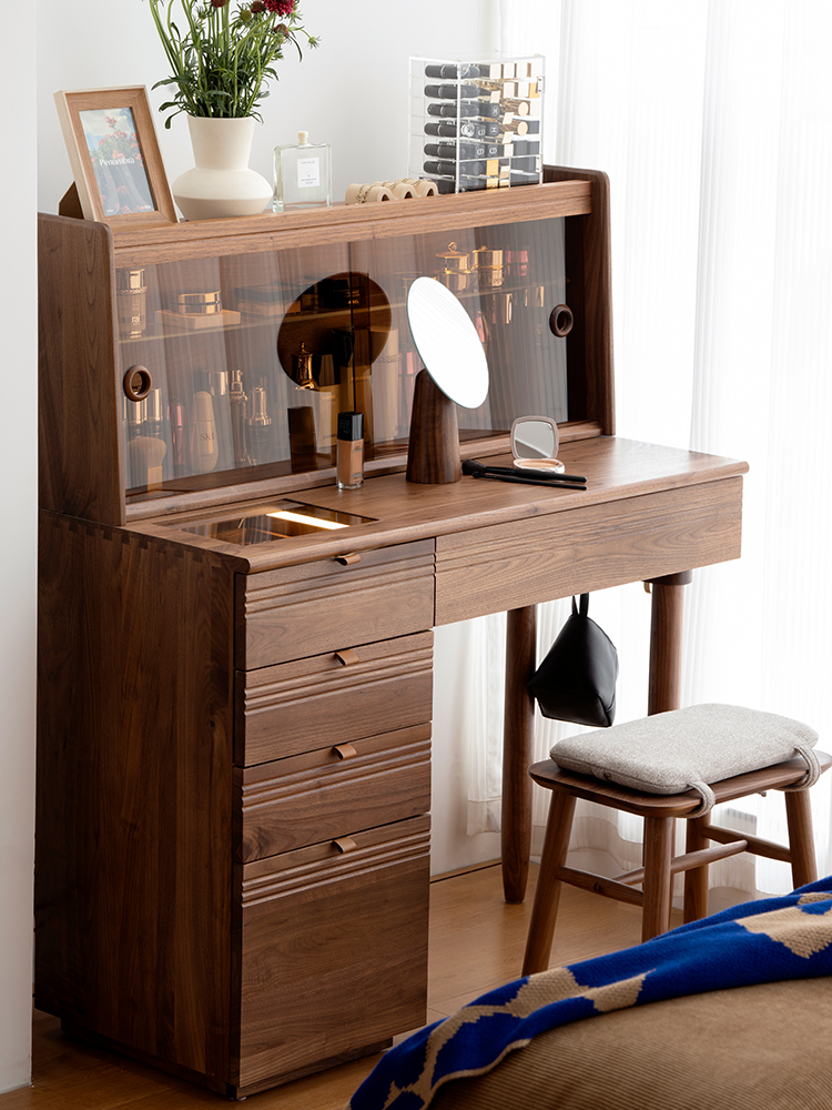 北美黑胡桃家用梳妆台简约北欧一体卧室简约实木镜子复古化妆桌