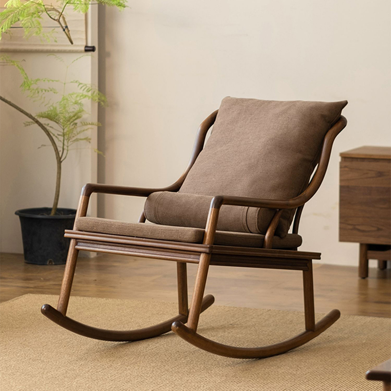 新中式北美黑胡桃木摇椅北欧沙发椅子家用软包椅成人躺椅摇摇椅