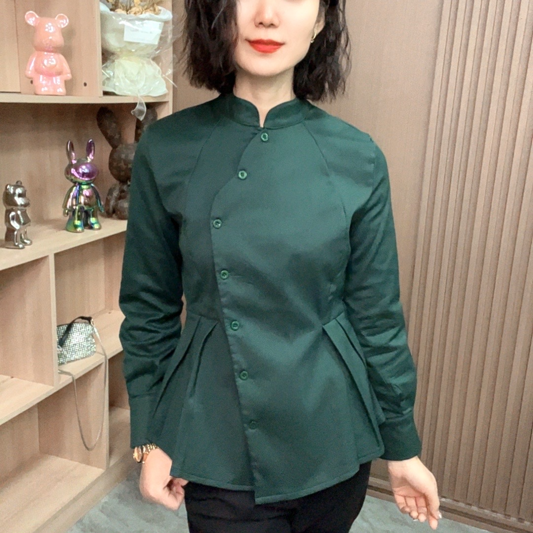 加绒衬衫女气质衬衣长袖短款时尚绿色修身立领显瘦休闲女士收腰