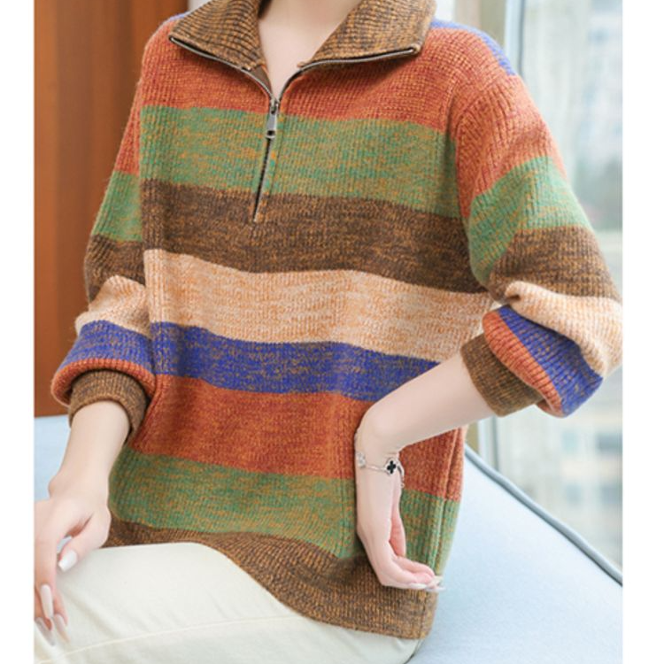 【简约轻奢】宽松港风条纹时尚百搭洋气加厚毛衫1106秋冬