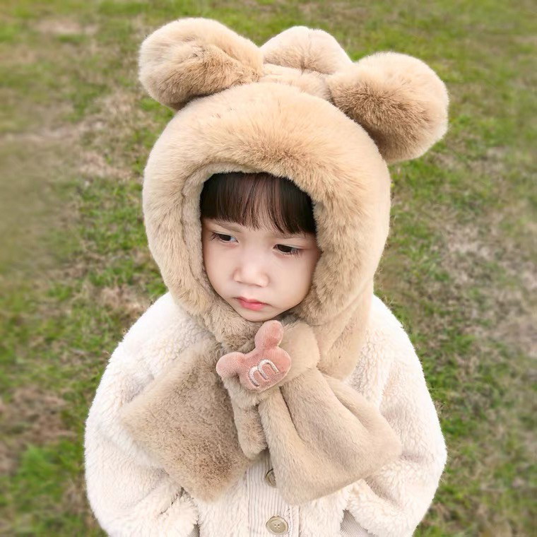 儿童帽子冬围脖一体小熊可爱毛绒帽男女童围巾护耳帽防风加厚保暖