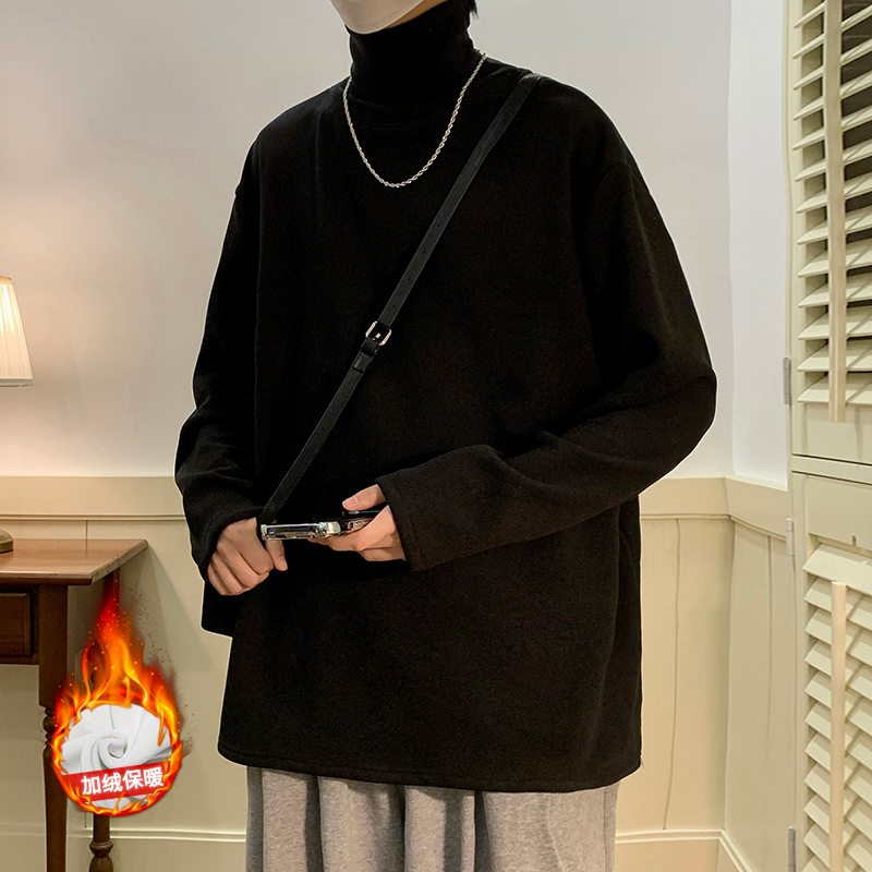 半高领T恤男款秋冬季潮流加绒厚衣服情侣德绒长袖内搭打底衫外套