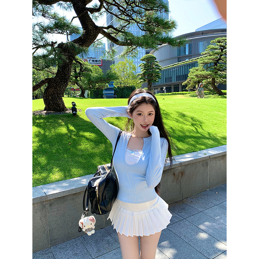 假两件蕾丝拼接U领长袖T恤女2024秋季新款加绒加厚撞色显瘦打底衫