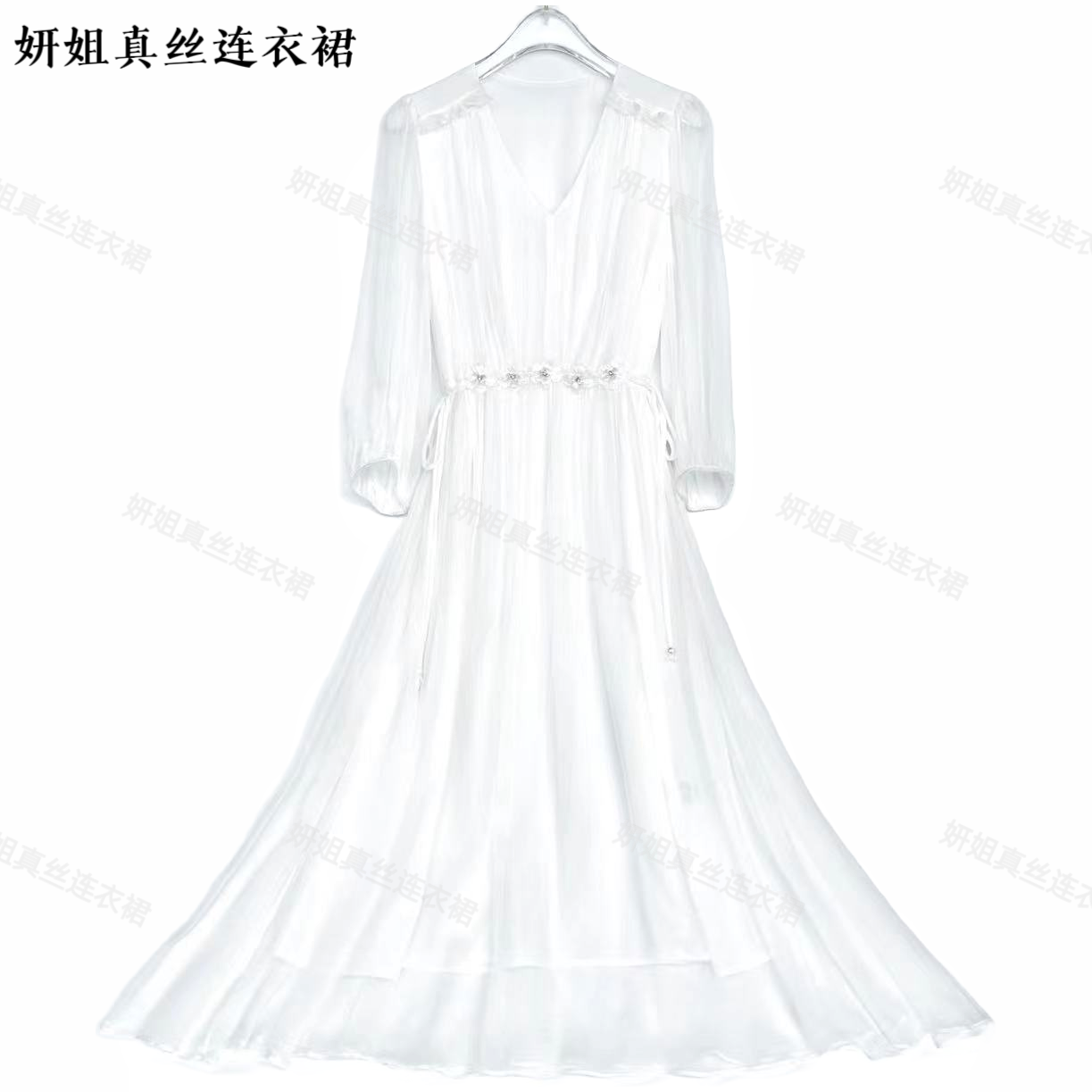 2026 SY 新款时尚减龄仙女气质夏季桑蚕丝女装连衣裙本白色 23155