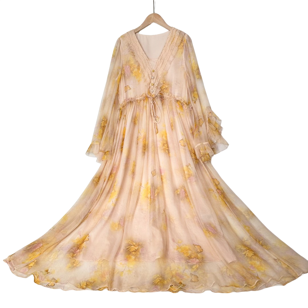 桑蚕丝2024春新品气场全开v领收腰气质大摆女装连衣裙蕾丝22165-1