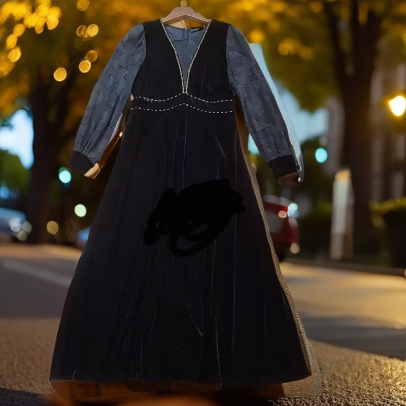 妍姐2025新款秋冬显瘦气质轻奢时尚法式收腰长裙 黑色 L5623