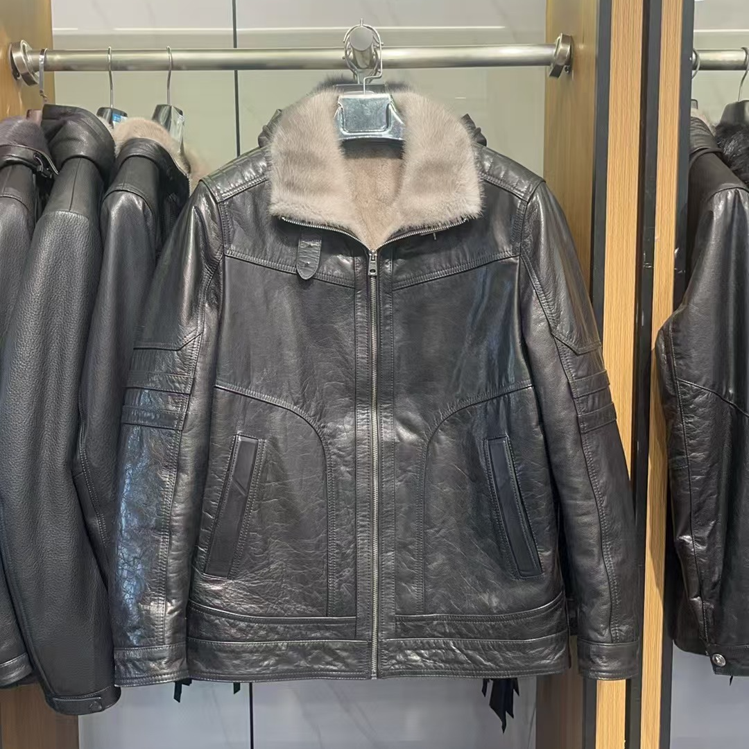 海宁冬季新款真皮翻领男士外套