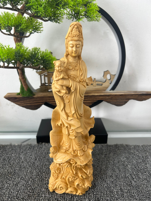 桧木送子观音木雕工艺品摆件