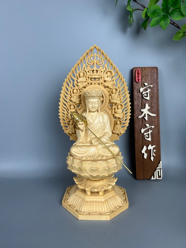 桧木地藏木质雕刻工艺品高度28公分