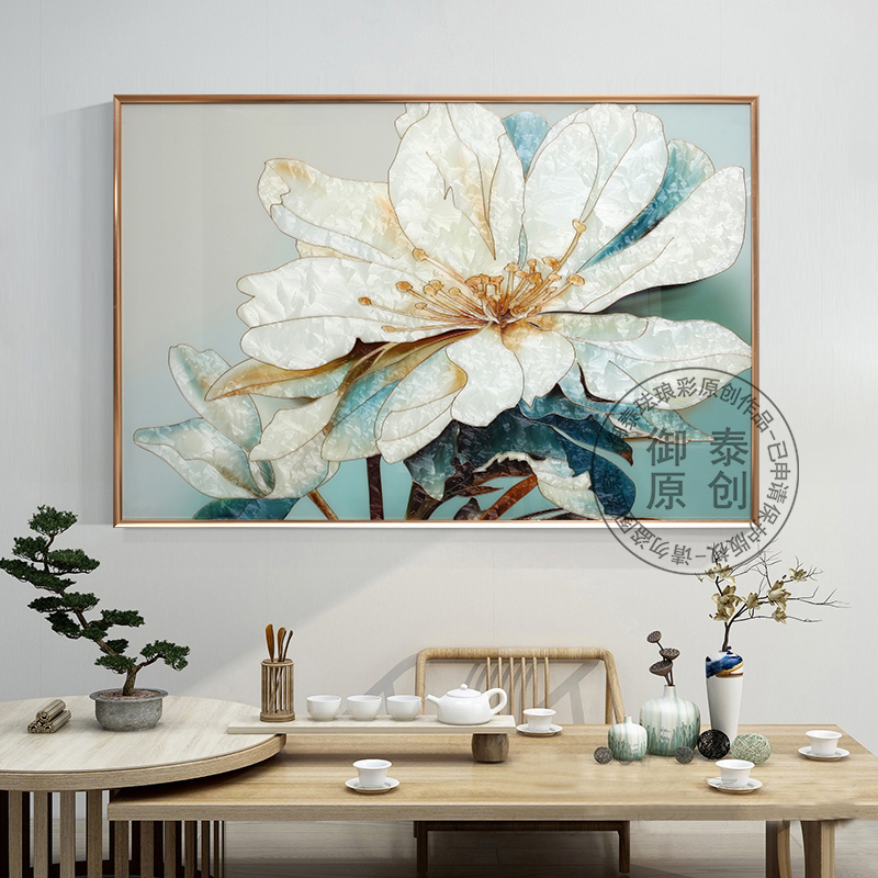 手绘珐琅彩装饰现代花卉木兰轻奢入户玄关画客厅沙发背景画横版