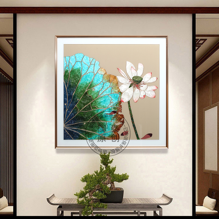 现代新中式手工珐琅彩装饰画荷叶荷花植物花卉入户玄关挂画正方形
