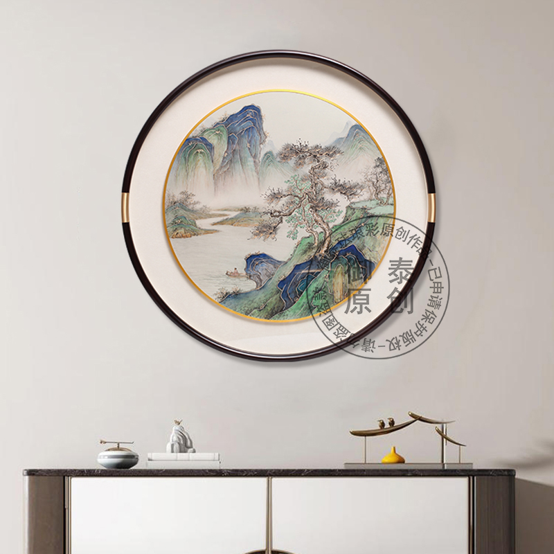现代新中式手工錾刻铜雕画山川河流圆形玄关书房茶室过道入户