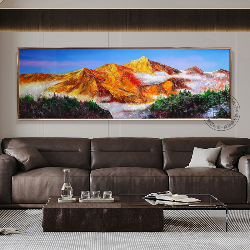 轻奢现代客厅沙发背景画手绘珐琅彩金山装饰画横板书房挂画茶室