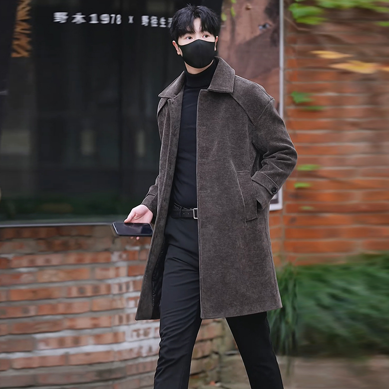 男士2025冬季新款韩版中长款毛呢风衣男装美式痞帅单排扣大衣外套