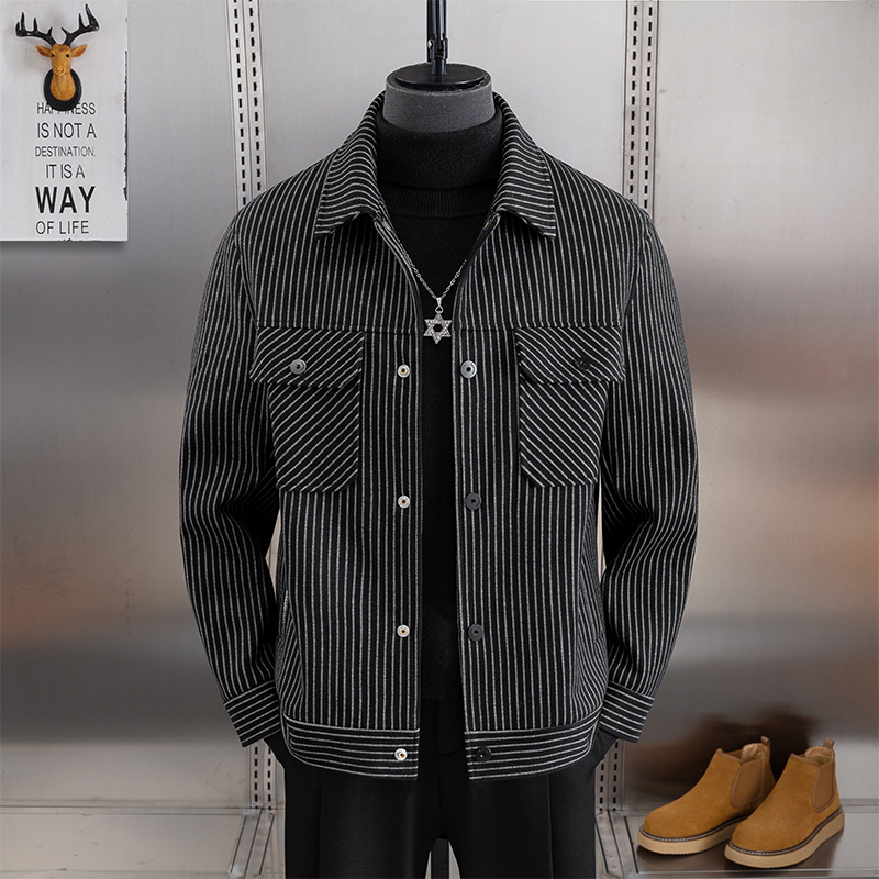 潮流休闲竖条纹翻领夹克2024冬季新款韩版潮流高端痞帅加厚外套男