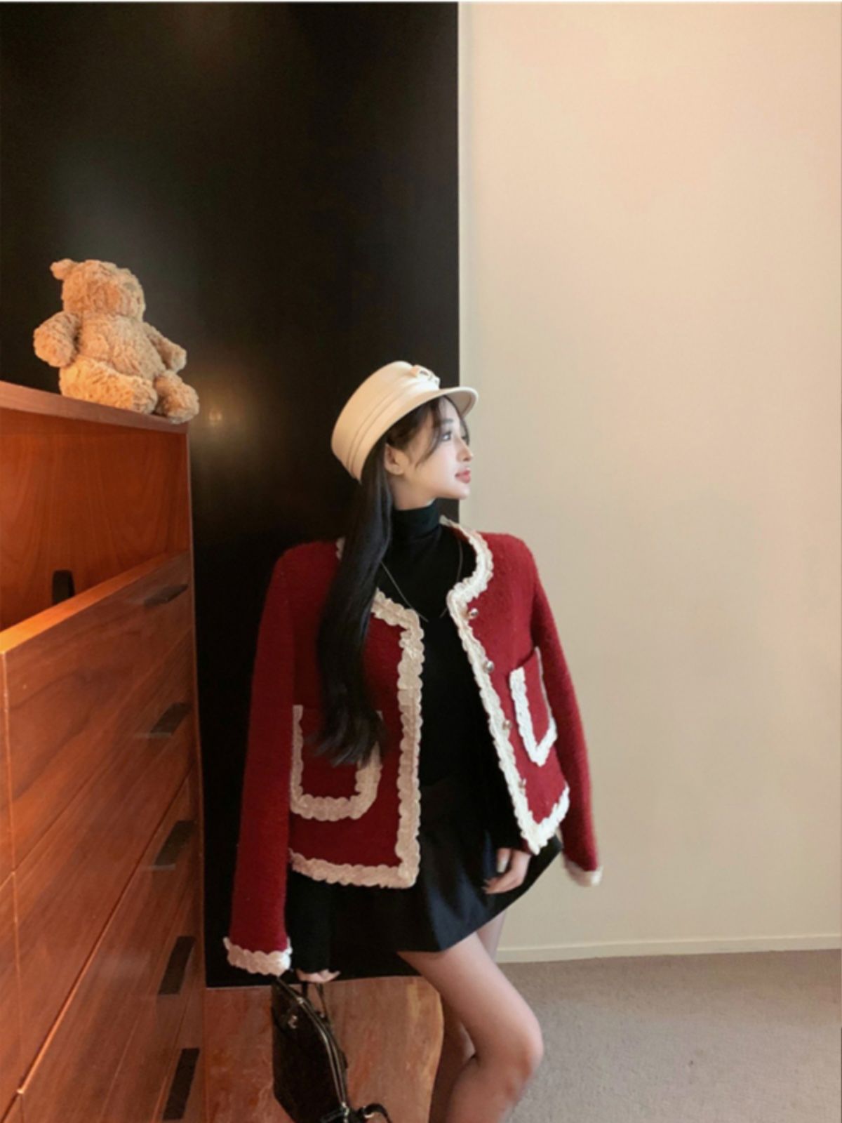 圣诞新年小香风毛呢外套女2023秋冬季新款蕾丝拼夹棉加厚开衫上衣