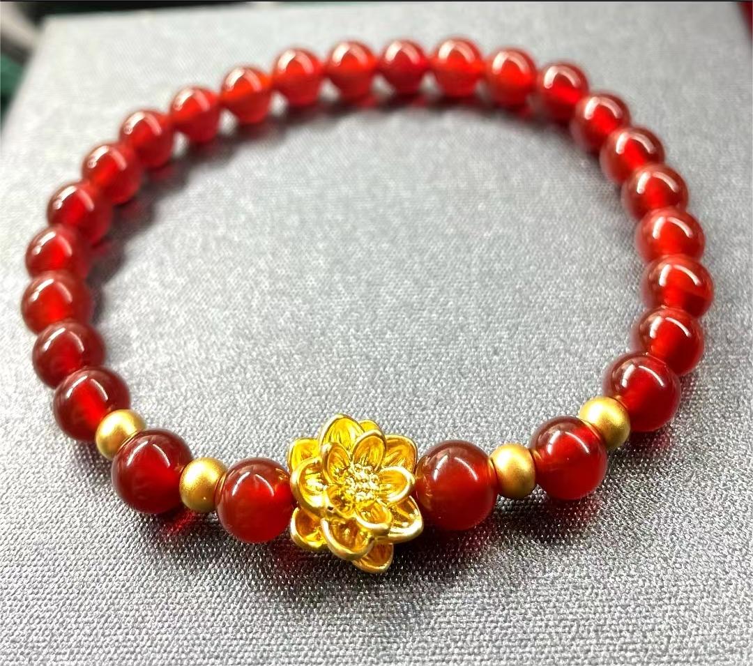 足金卡10莲花+4mm古法金珠4颗 红玛 瑙手串@010