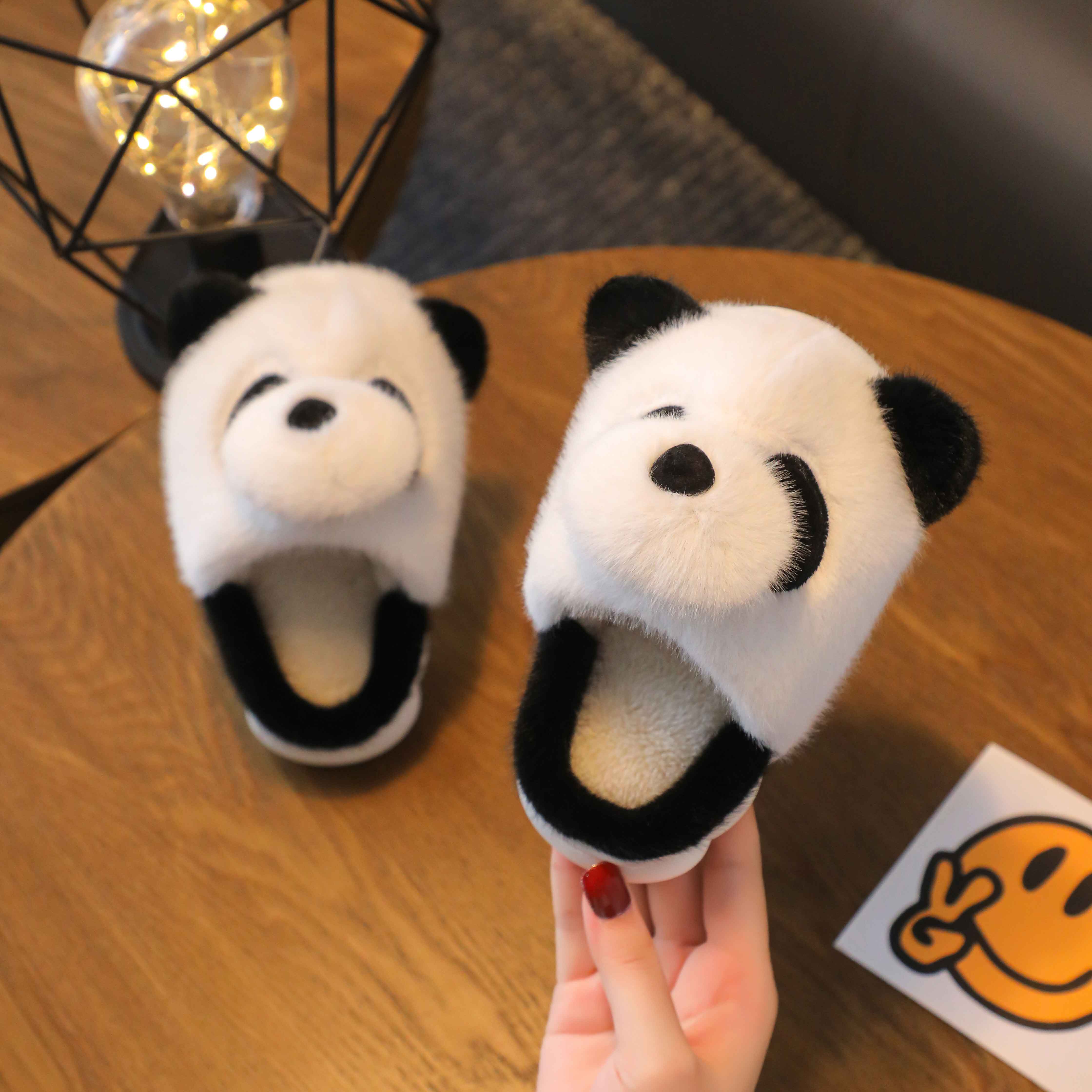 儿童棉拖鞋厚底熊猫卡通秋冬居家防滑软底居家宝宝防滑带后跟毛绒