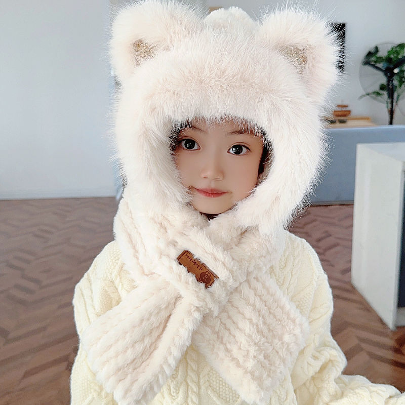 春灿儿童帽子围巾一体冬季女童2023新款男女童可爱加厚毛绒帽防风