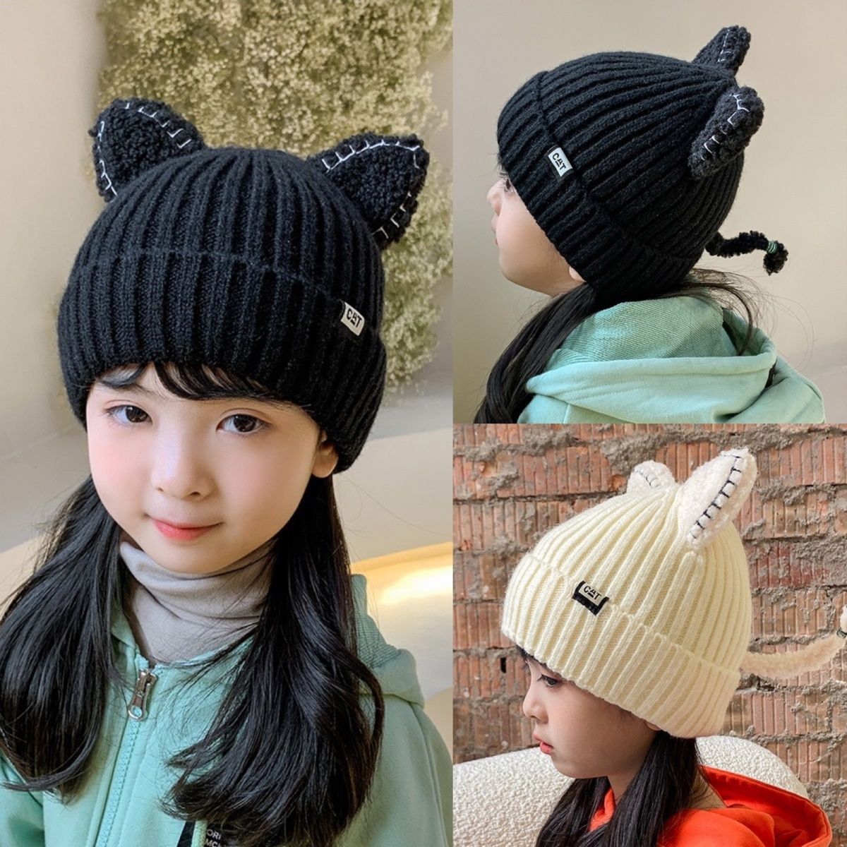 春灿ins韩版可爱猫耳朵加绒儿童帽子女秋冬天日系百搭保暖针织帽