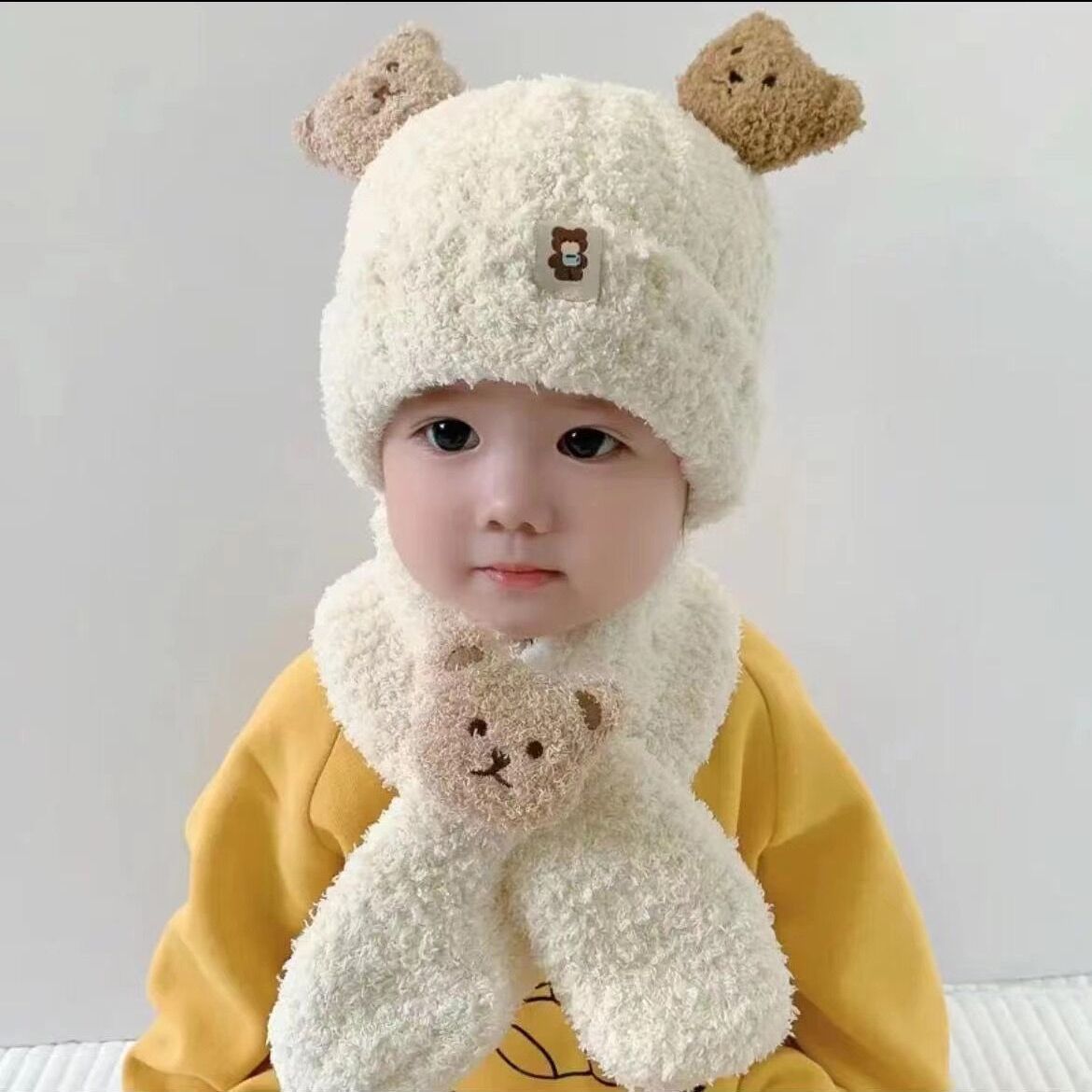 春灿婴儿帽子秋冬款毛绒保暖帽子围巾两件套可爱加厚护耳防寒可爱
