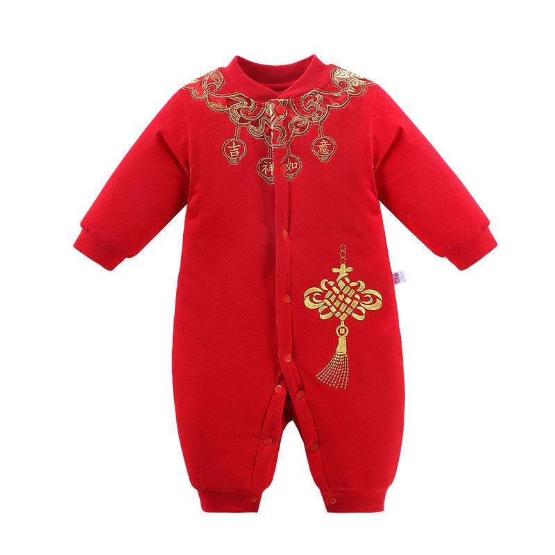 【春灿】新年装中国风婴儿连体哈衣爬服秋冬款加厚0-18个月宝宝拜