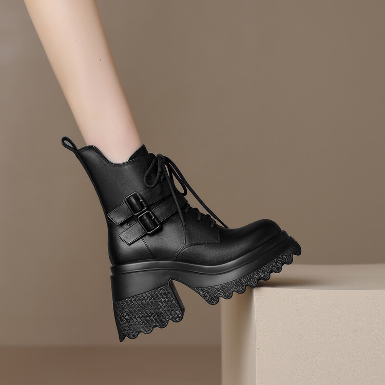 秋冬新款10cm粗跟厚底黑色马丁靴英伦风高跟小个子增高真皮短靴女