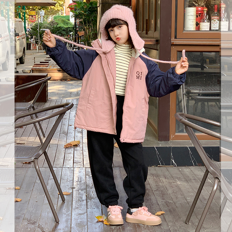 西西家女童2024冬季新款百搭拼色棉衣儿童潮流保暖上衣外套X883