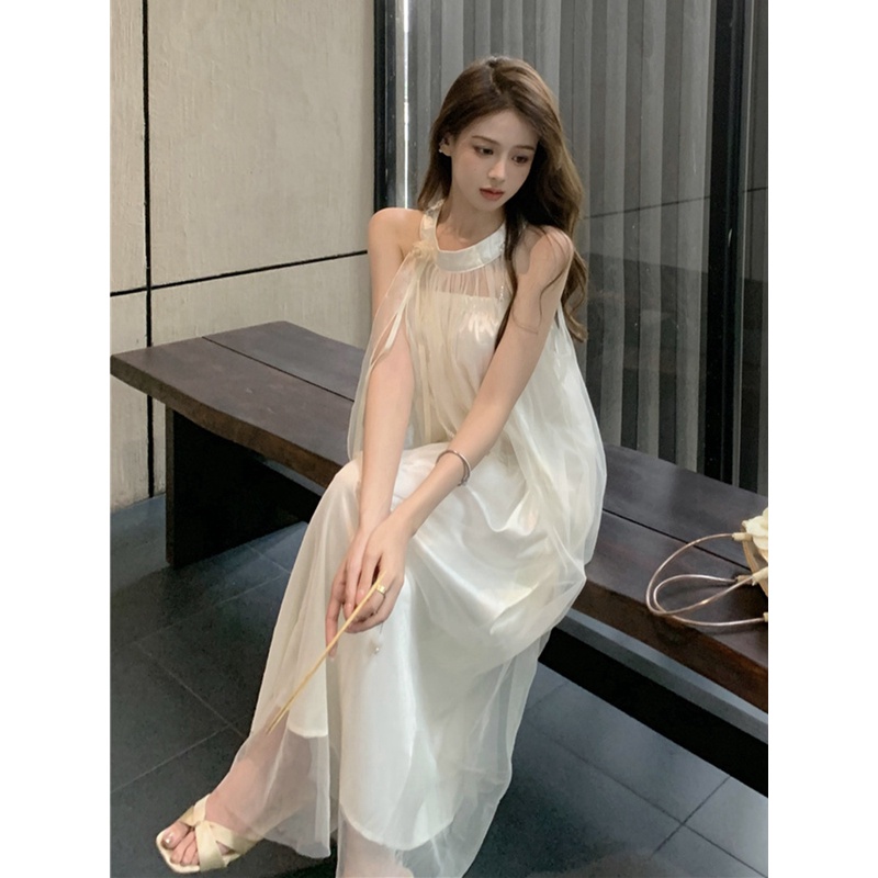 法式夏季新中式无袖花朵珠链挂脖连衣裙女度假风仙女宽松长裙女潮