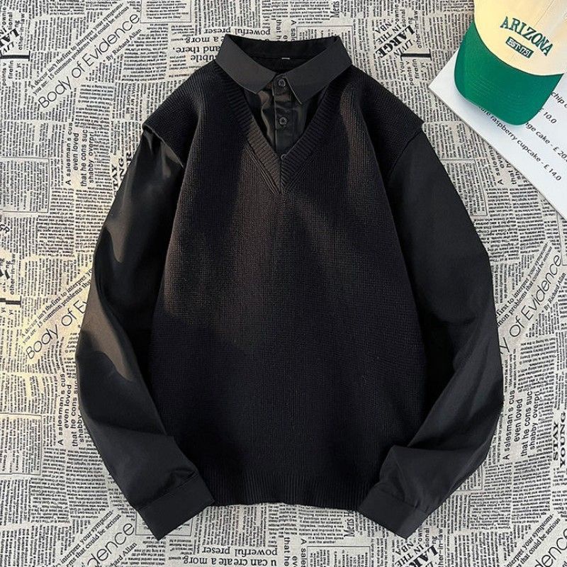 宽松百搭套头学生日系学院风假两件衬衫男秋季感青年潮牌外套内搭